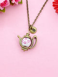 Teapot Porcelain Pink Flower Charm Bronze Necklace, N6070P