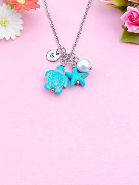 Turtle Starfish Shell Pearl Charm Necklace, Silver or Gold Sea Turtle Love Pet Travel Gifts Ideas, N5709Z