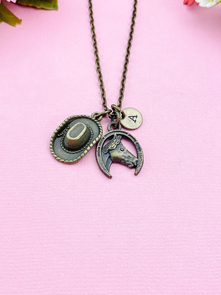 Horse Cowboy Hat Charm Bronze Necklace, N2309
