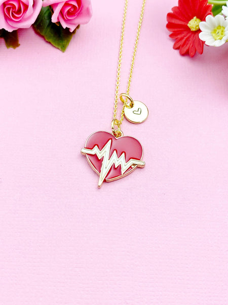 Heart Electrocardiogram Charm Gold Necklace, Red Electrocardiogram Heart Charm, N5495