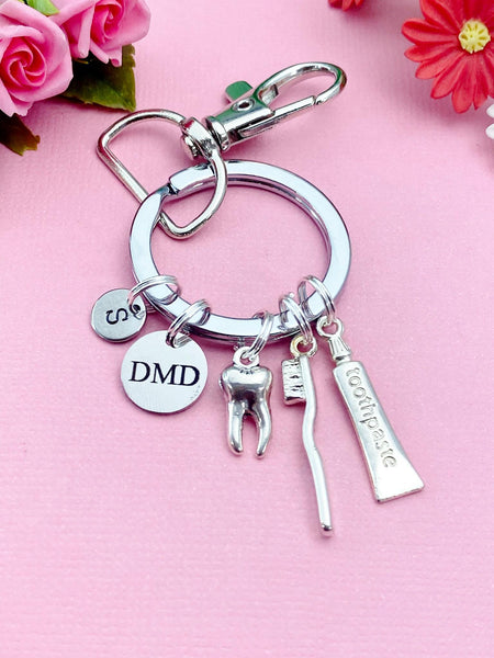 DMD Dental Dentist Keychain, Silver DMD Toothpaste Toothbrush Tooth Molar Charm Keychain, N6075