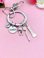 DMD Dental Dentist Keychain, Silver DMD Toothpaste Toothbrush Tooth Molar Charm Keychain, N6075