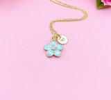 Hibiscus Flower Charm Necklace, Blue Tropical Flower Gold Necklace, N1956EE