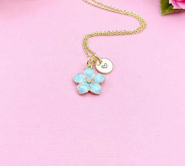 Hibiscus Flower Charm Necklace, Blue Tropical Flower Gold Necklace, N1956EE