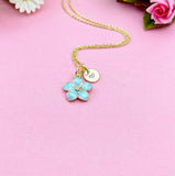 Hibiscus Flower Charm Necklace, Blue Tropical Flower Gold Necklace, N1956EE