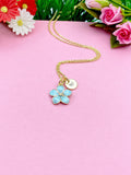 Hibiscus Flower Charm Necklace, Blue Tropical Flower Gold Necklace, N1956EE