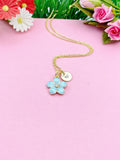 Hibiscus Flower Charm Necklace, Blue Tropical Flower Gold Necklace, N1956EE