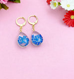 Gold Blue Press Flower Earrings, N3274