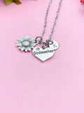 Godmother Sunflower Charm Necklace, Personalized Initial Pendant