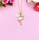 Gold Flamingo Charm Necklace, Initial Pendant, Pink Bird Jewelry, N2677