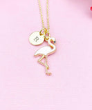 Gold Flamingo Charm Necklace, Initial Pendant, Pink Bird Jewelry, N2677