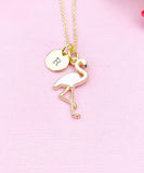 Gold Flamingo Charm Necklace, Initial Pendant, Pink Bird Jewelry, N2677