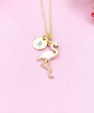 Gold Flamingo Charm Necklace, Initial Pendant, Pink Bird Jewelry, N2677