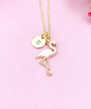 Gold Flamingo Charm Necklace, Initial Pendant, Pink Bird Jewelry, N2677