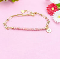 Rhodochrosite Bracelet, Gold or Silver Stainless Steel Paperclip Chains Bracelet, Natural Gemstone Jewelry N6080