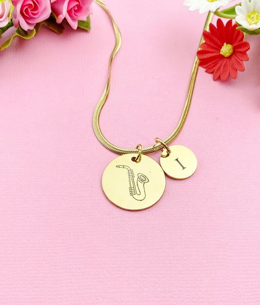 Saxophone Charm Necklace, Silver or Gold Stainless Steel Musician Necklace, D493