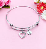 Heart Charm Bracelet, Initial Bangle, Stainless Steel