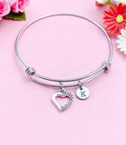 Heart Charm Bracelet, Initial Bangle, Stainless Steel