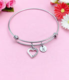 Heart Charm Bracelet, Initial Bangle, Stainless Steel