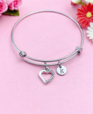 Heart Charm Bracelet, Initial Bangle, Stainless Steel