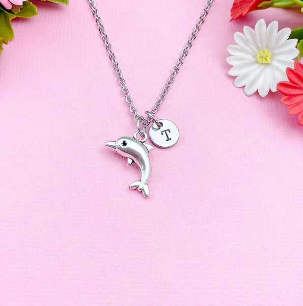 Silver Dolphin Necklace, Dolphin Fish Ocean Charm, Personized Initial Necklace, N5092C