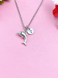 Silver Dolphin Necklace, Dolphin Fish Ocean Charm, Personized Initial Necklace, N5092C