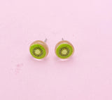 Kiwi Slice Earrings, Green Kiwi Silver Stud Earrings, Surgical Stainless Steel, N6061