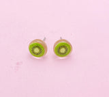 Kiwi Slice Earrings, Green Kiwi Silver Stud Earrings, Surgical Stainless Steel, N6061