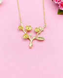 Japanese Cherry Blossom Necklace, Peach Plum Blossom Flower Twigs Branch, Gold Necklace, N5102