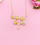 Japanese Cherry Blossom Necklace, Peach Plum Blossom Flower Twigs Branch, Gold Necklace, N5102
