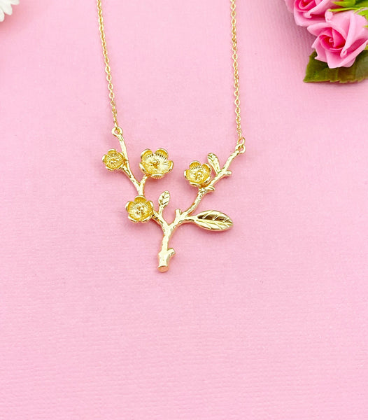Japanese Cherry Blossom Necklace, Peach Plum Blossom Flower Twigs Branch, Gold Necklace, N5102