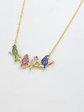 Gold Bird on Branch Necklace, Colorful Cubic Zirconia