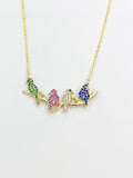 Bird Necklace, Gold Green Pink Blue Diamond Bird on the Branch Charm Necklace, N6086