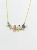 Gold Bird on Branch Necklace, Colorful Cubic Zirconia