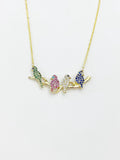 Bird Necklace, Gold Green Pink Blue Diamond Bird on the Branch Charm Necklace, N6086