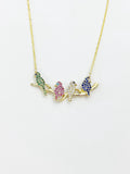 Bird Necklace, Gold Green Pink Blue Diamond Bird on the Branch Charm Necklace, N6086
