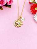 Moon with Sun Charms Necklace, Gold Zirconia Moon Necklace, N3803
