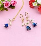 Blue Rose Necklace, Gold Rose Earrings, N3108