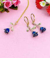 Blue Rose Necklace, Gold Rose Earrings, N3108