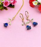 Blue Rose Necklace, Gold Rose Earrings, N3108
