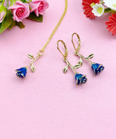 Blue Rose Necklace, Gold Rose Earrings, N3108