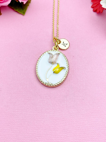 Tulip Charm Necklace, Gold Yellow Pink Tulip Gold Necklace, N5542