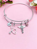 Vet Caduceus Charm Bangle, Initial Stethoscope Bracelet, Vet Tech Gift