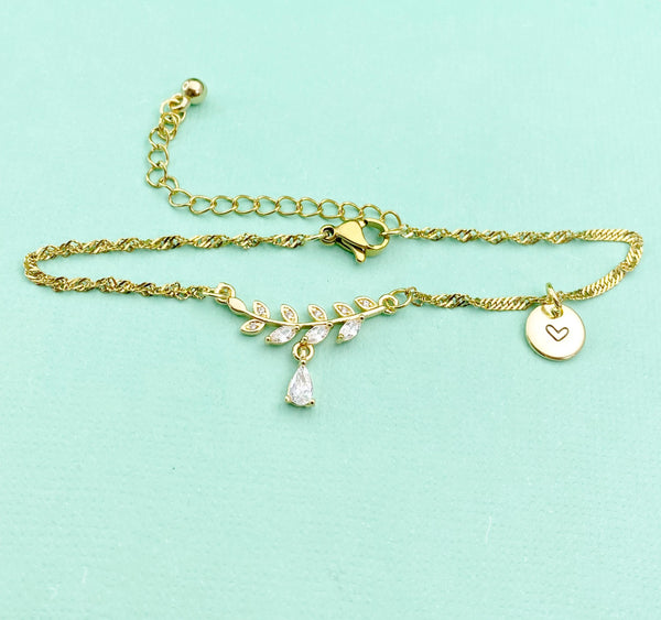 Olive Branch Charm Bracelet, Olive Branches Teardrop Zirconia Charm, N6015A