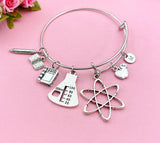 Science Teacher Charm Bracelet, Atom, Beaker, Apple, Book, Pencil, Initial, Gift
