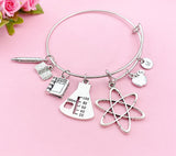Science Teacher Charm Bracelet, Atom, Beaker, Apple, Book, Pencil, Initial, Gift