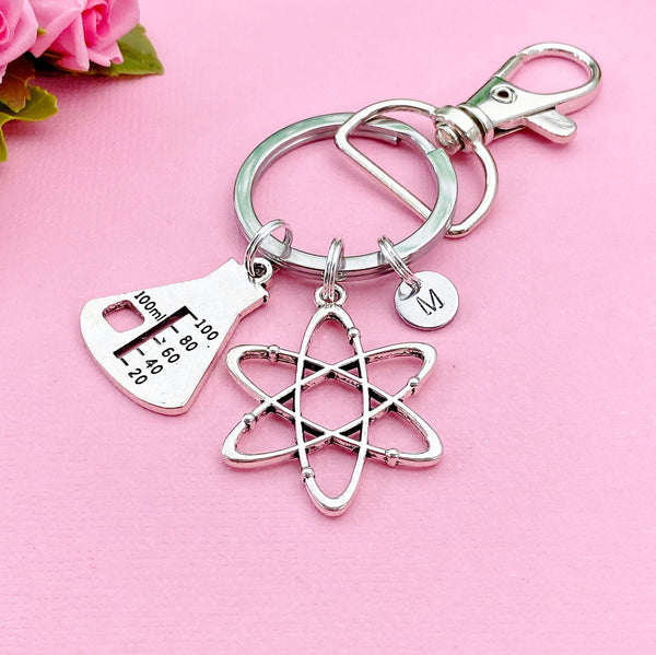 Silver Atom Beaker Charm Keychain, Science Teacher Gift, Scientists Biology Researcher Chemistry Gift, N2568A