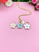 Hibiscus Flower Charm Necklace, Blu Tropical Flower Gold Necklace, Personalized Gift, N1956E