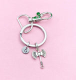 Silver Battle Axe Keychain, Initial Charm, Personalized Gift