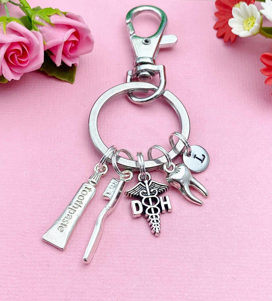 Dental Hygiene Dentist Keychain, Silver DH Toothpaste Toothbrush Tooth Molar Charm Keychain, N2160A